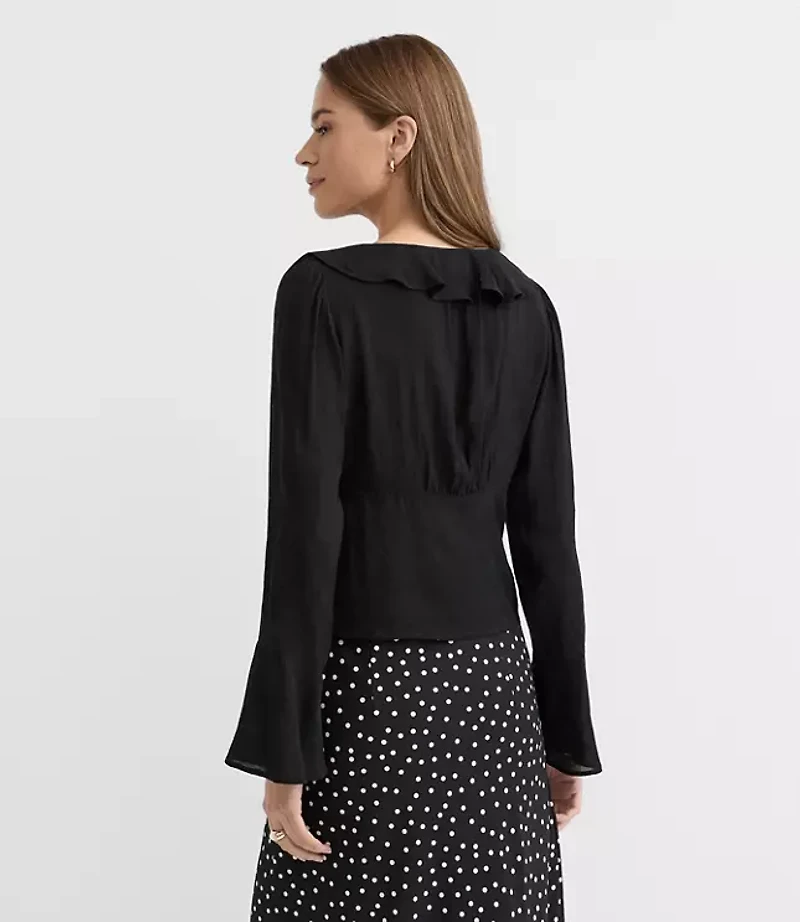 Petite Jacquard Ruffle Tie Neck Blouse
