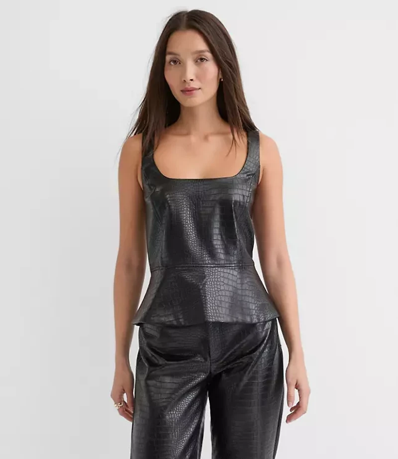 Embossed Faux Leather Peplum Bustier Top
