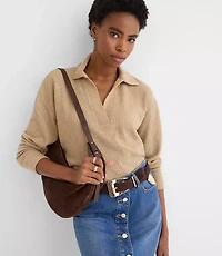 Melange Waffle Collared V-Neck Top