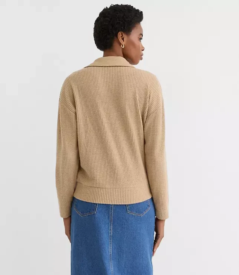 Melange Waffle Collared V-Neck Top