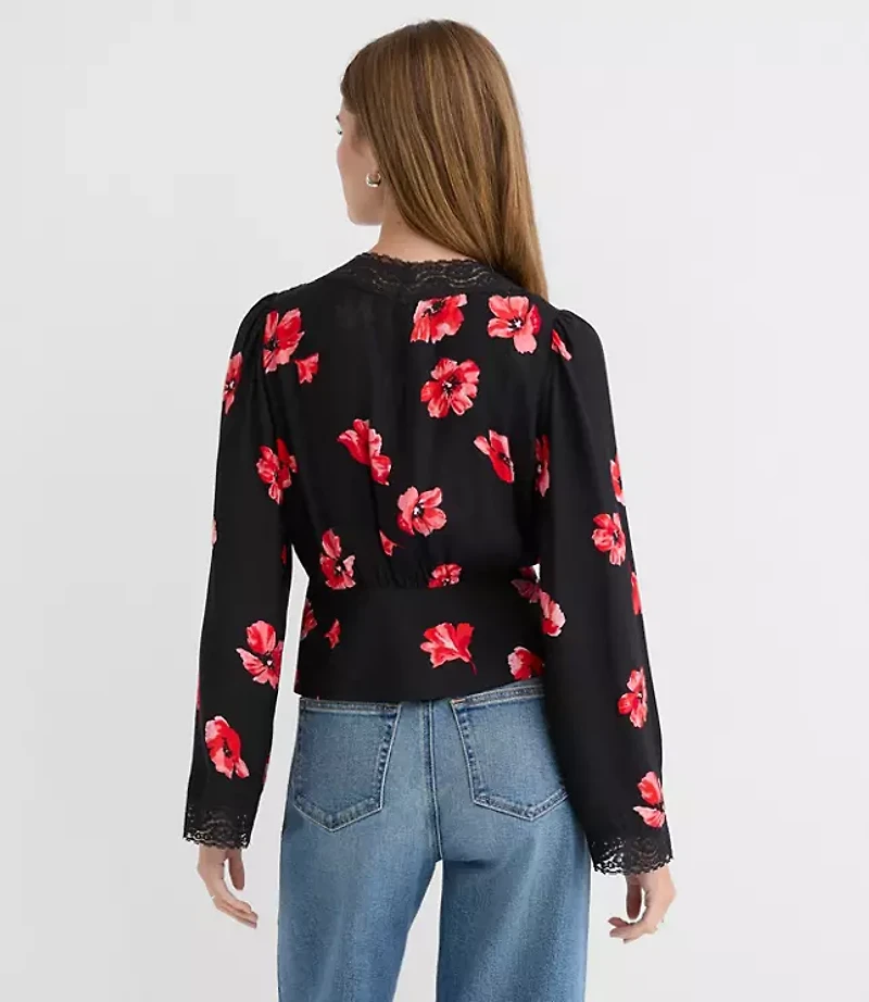 Petite Floral Lace Trim V-Neck Blouse