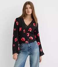 Petite Floral Lace Trim V-Neck Blouse