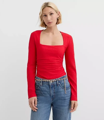 Petite Textured Ruched Square Neck Top