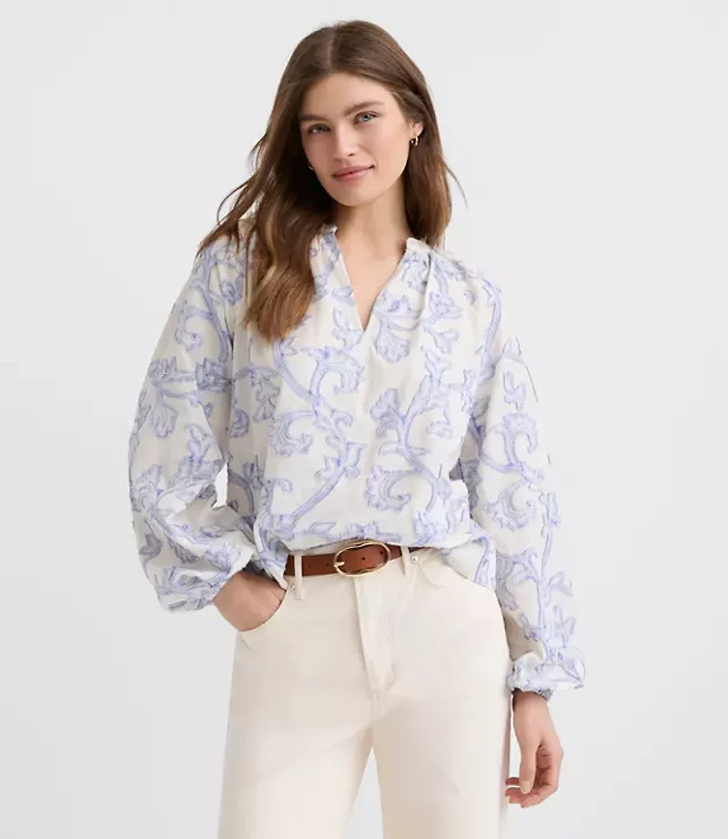Paisley Jacquard Split Neck Blouse