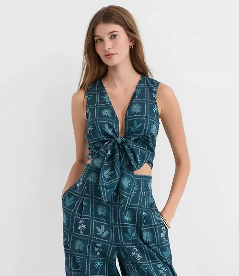 LOFT Beach Palm Linen Cotton Tie Front Top