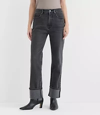 Curvy Rivete Cuffed High Rise Straight Jeans Noir