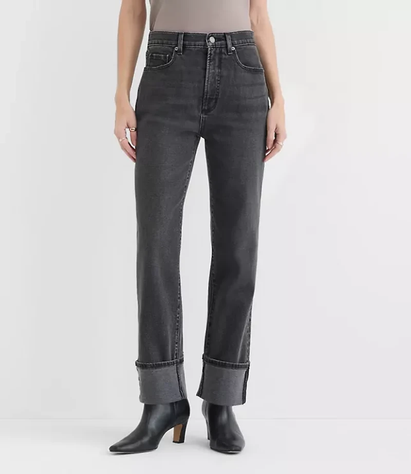 Rivete Petite Cuffed High Rise Straight Jeans Noir Wash