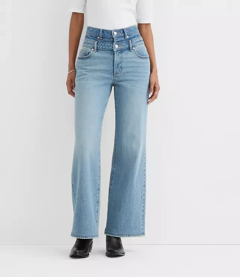 Rivete Petite Double Waisted High Rise Wide Leg Jeans Light Wash