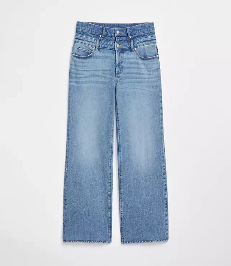 Rivete Petite Double Waisted High Rise Wide Leg Jeans Light Wash