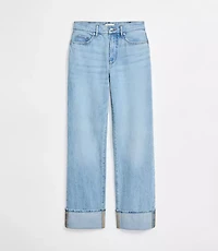 Rivete Cuffed Mid Rise Relaxed Straight Jeans Light Wash Indigo