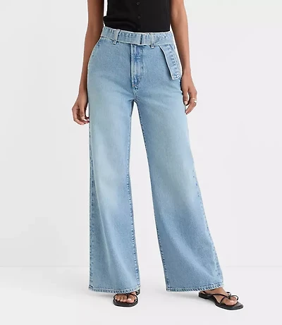 Rivete Petite Curvy Belted High Rise Wide Leg Jeans Light Wash