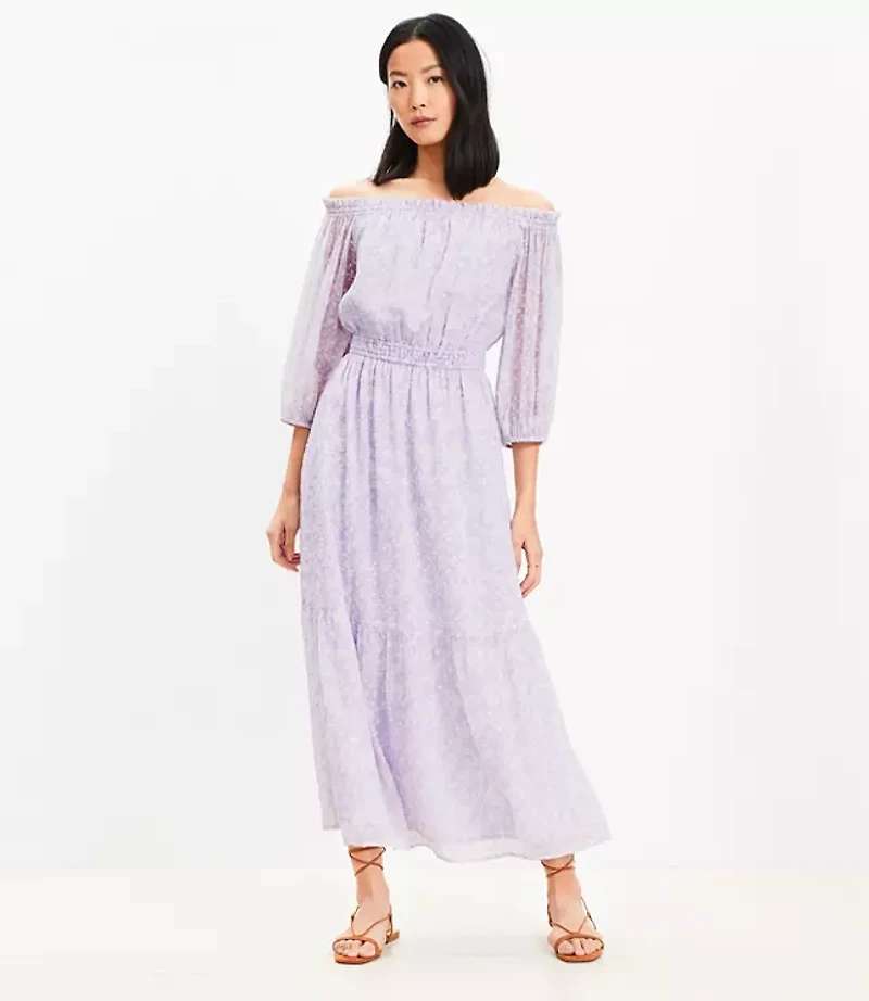 Petite Floral Balloon Sleeve Off The Shoulder Midi Dress