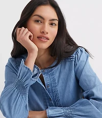 Chambray Pleated Henley Blouse