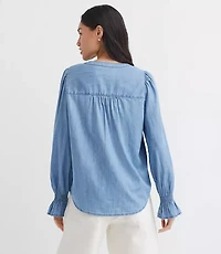 Chambray Pleated Henley Blouse