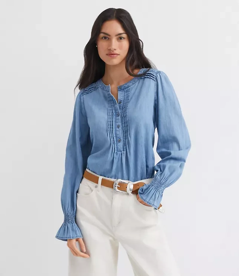 Chambray Pleated Henley Blouse