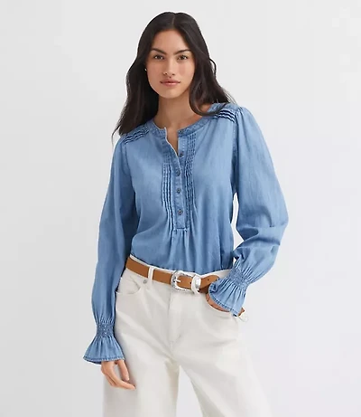 Chambray Pleated Henley Blouse