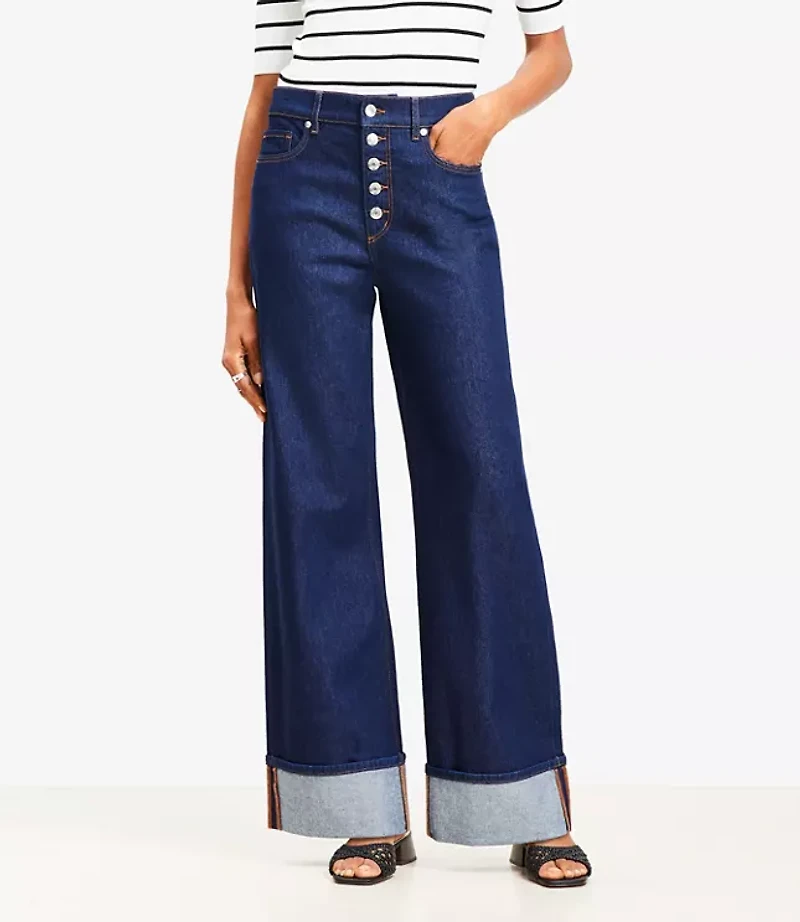 Petite Cuffed High Rise Wide Leg Jeans Rinse Wash