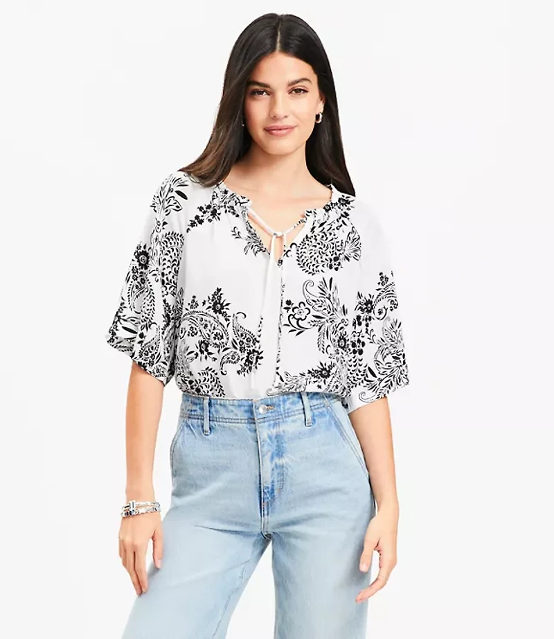Garden Tie Neck Mixed Media Blouse