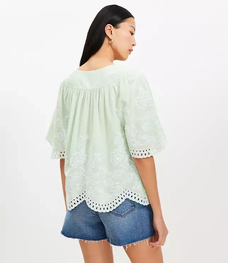 Petite Floral Eyelet V-Neck Blouse