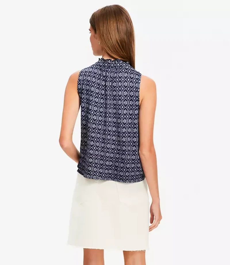 Floral Tile Ruffle Tie Neck Mixed Media Blouse