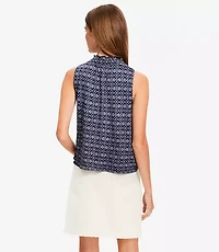 Floral Tile Ruffle Tie Neck Mixed Media Blouse