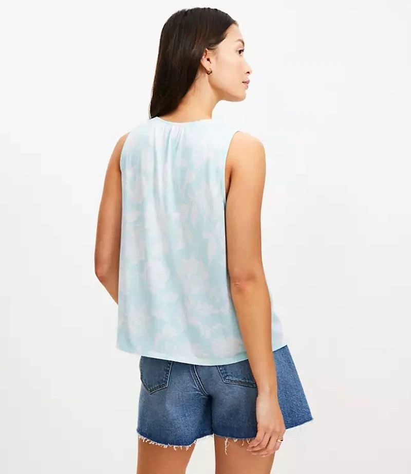 Floral Cutout Tie Neck Mixed Media Shell