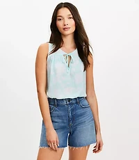 Floral Cutout Tie Neck Mixed Media Shell