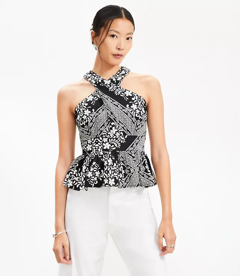 Tiled Crossover Peplum Halter Top