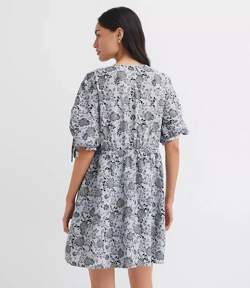 Floral Ruched Sleeve Mini Pocket Dress