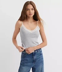 Heathered Lace Trim Ribbed Cami