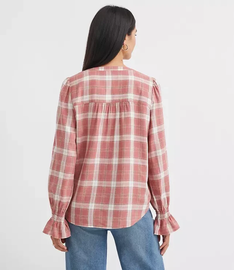 Plaid Pleated Henley Blouse