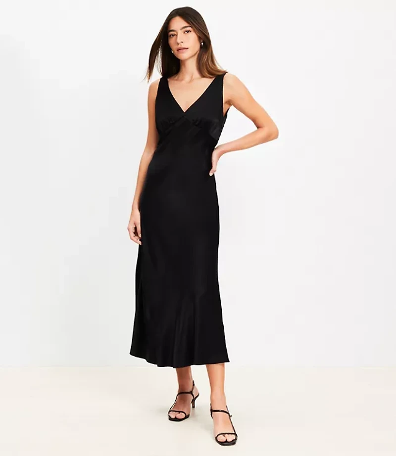 Petite Satin Double V Bias Midi Dress