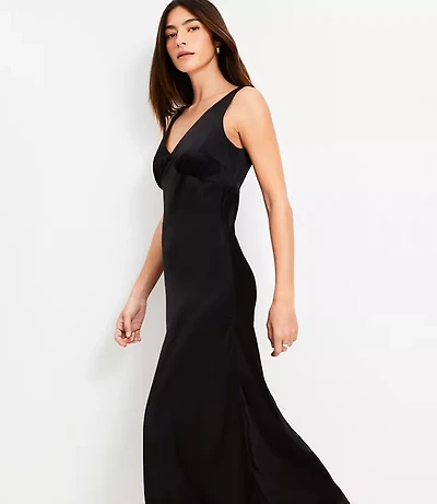 Petite Satin Double V Bias Midi Dress
