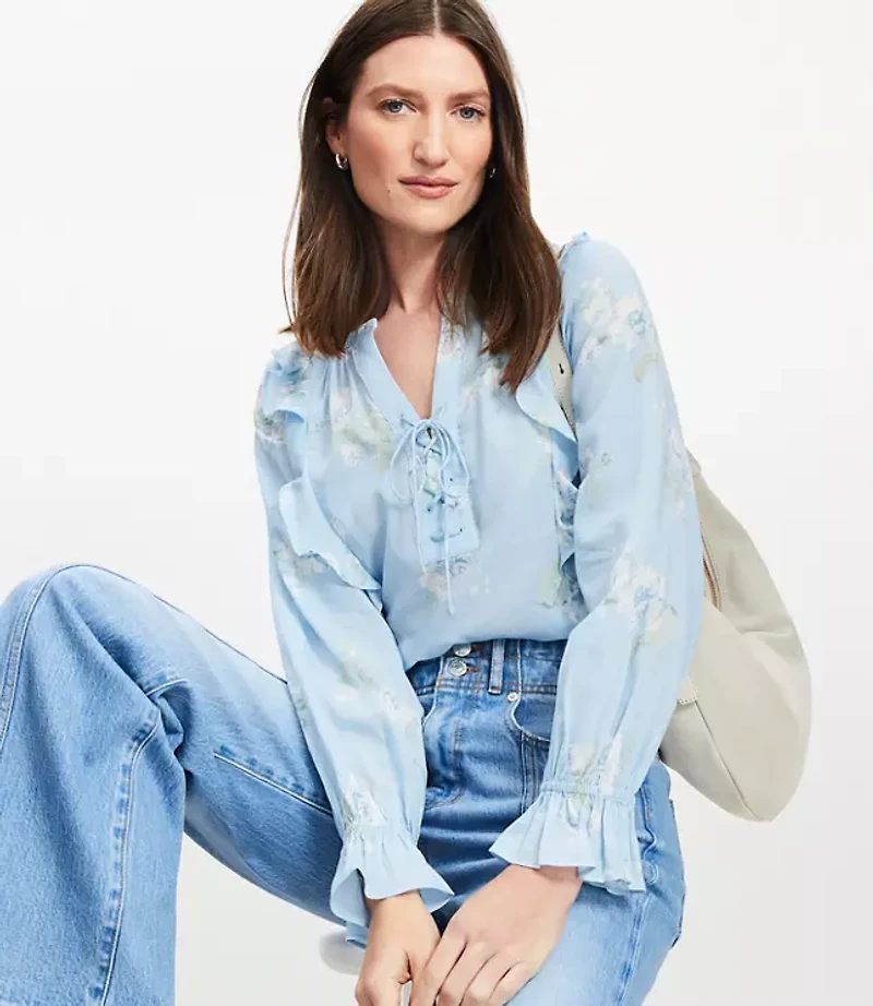 Petite Floral Lace Up Ruffle Blouse
