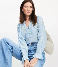 Petite Floral Lace Up Ruffle Blouse