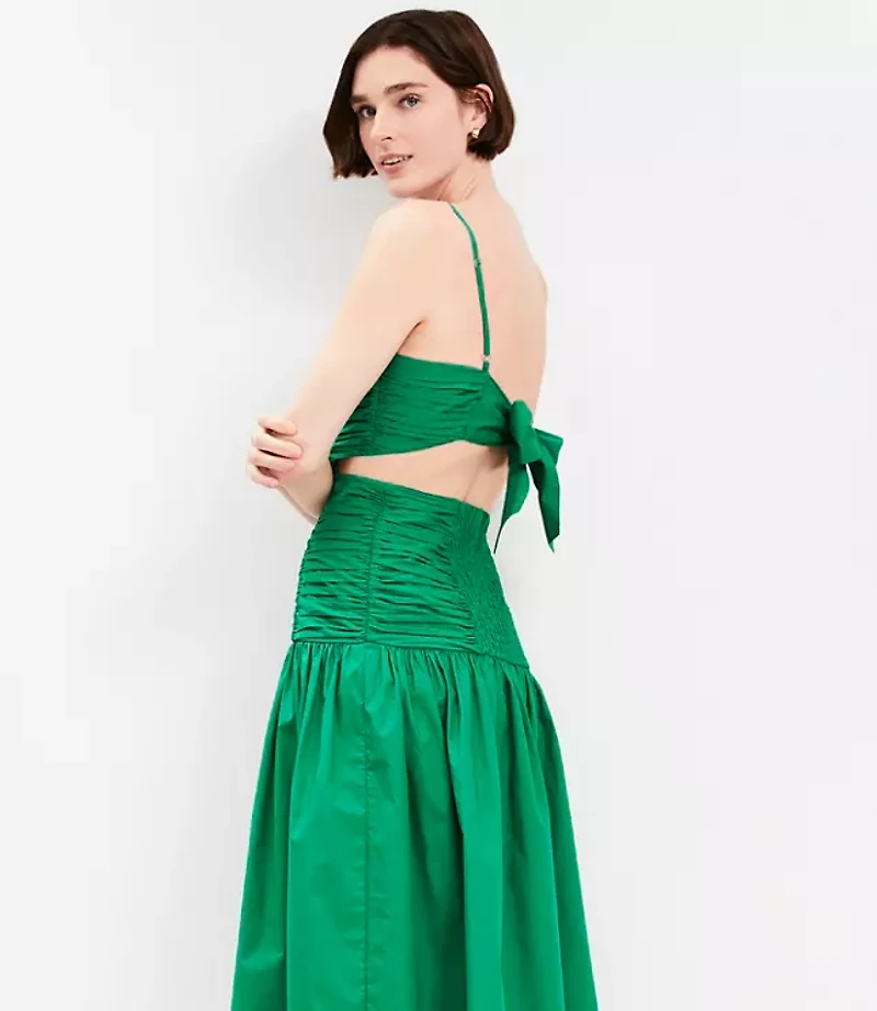 Petite Poplin Cutout Tie Back Ruched Midi Dress