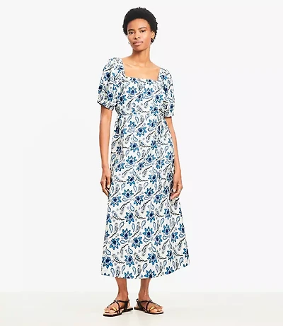 Petite Paisley Smocked Square Neck Midi Dress