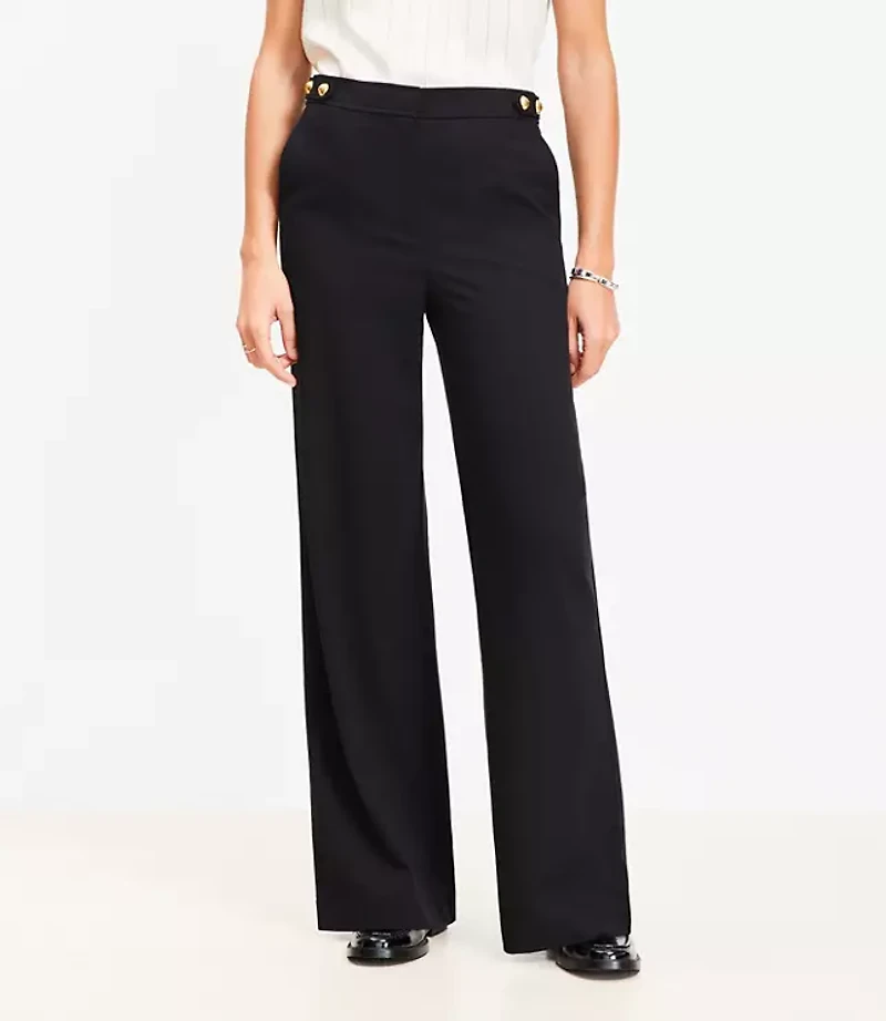 Petite Tab Waist Wide Leg Pants Twill