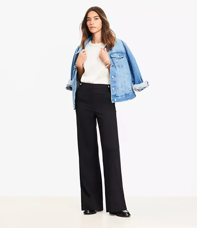 Petite Tab Waist Wide Leg Pants Twill