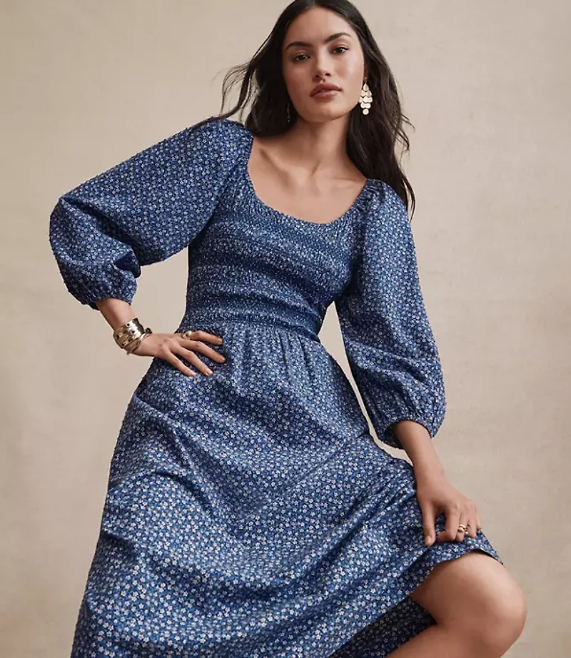 Petite Garden Clip Smocked Midi Dress