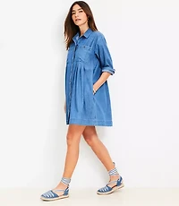 Petite Chambray Pleated Mini Pocket Dress