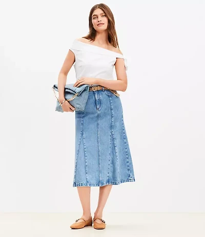 Petite Denim Trumpet Midi Skirt Authentic Vintage Mid Wash