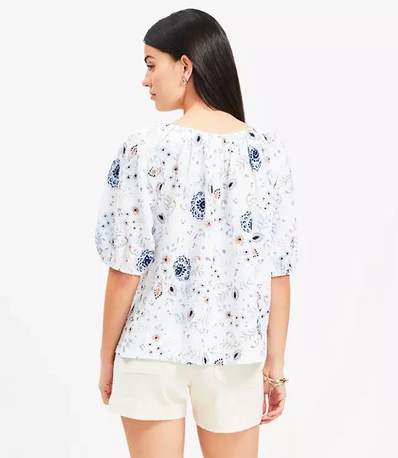 Petite Floral Tie Neck Bubble Sleeve Top