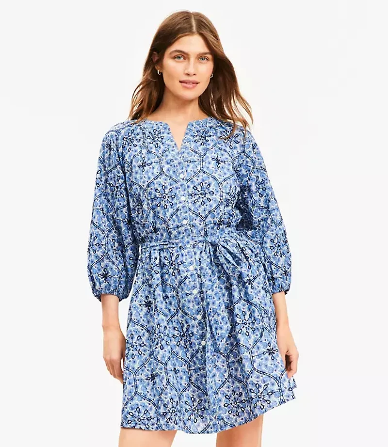 Petite Floral Embroidered Split Neck Mini Shirtdress