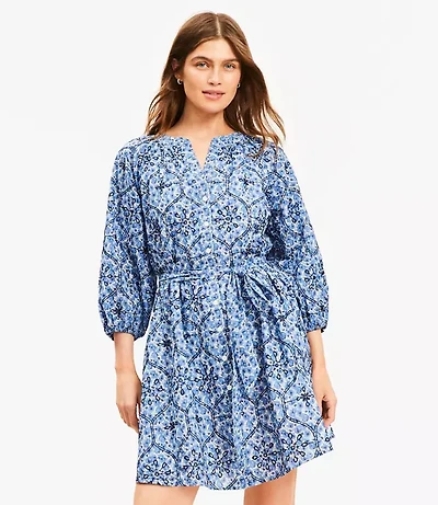 Petite Floral Embroidered Split Neck Mini Shirtdress