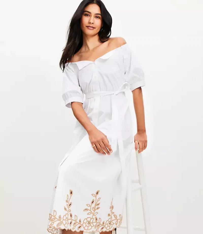 Petite Off The Shoulder Midi Pocket Shirtdress