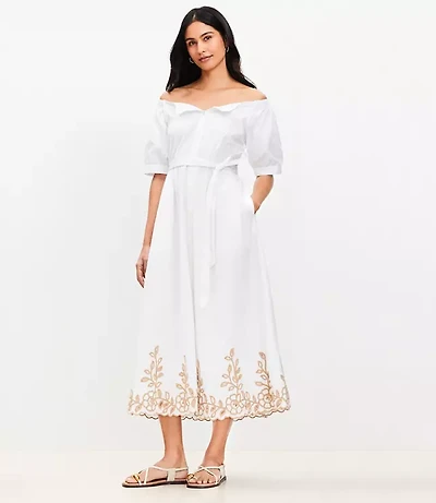 Petite Off The Shoulder Midi Pocket Shirtdress
