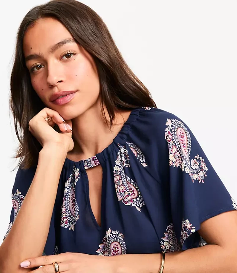 Petite Paisley Cutout Mixed Media Blouse