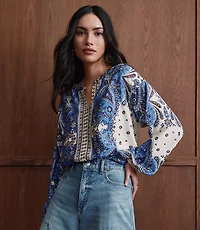 Petite Bandana Print Split Neck Balloon Sleeve Blouse