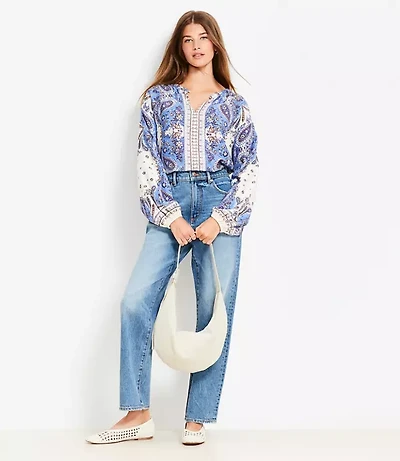 Petite Bandana Print Split Neck Balloon Sleeve Blouse